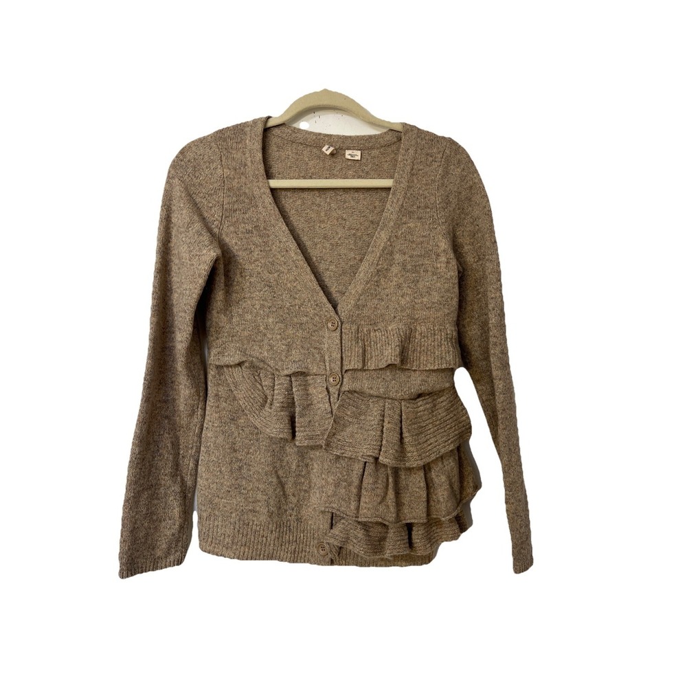 Anthropologie Moth Wool Brown‎ Ruffle  Split Decision Cardigan Sweater Size S